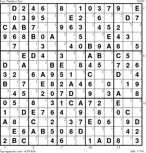 The grouppuzzles.com Easy Sudoku-15up puzzle for Monday June 29, 2026 with all 3 steps marked
