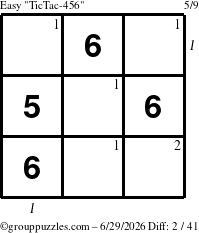 The grouppuzzles.com Easy TicTac-456 puzzle for Monday June 29, 2026, suitable for printing, with all 2 steps marked