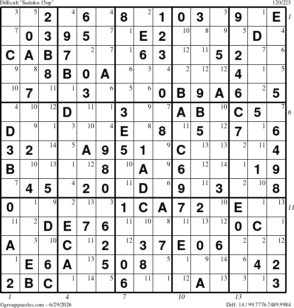 The grouppuzzles.com Difficult Sudoku-15up puzzle for Monday June 29, 2026, suitable for printing, with all 14 steps marked