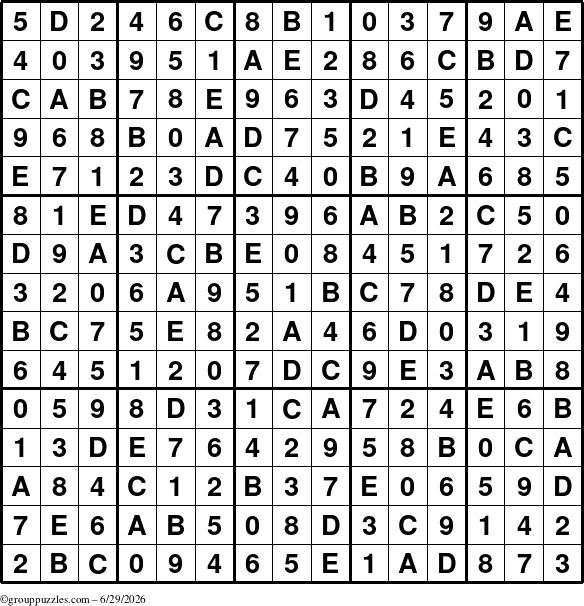 The grouppuzzles.com Answer grid for the Sudoku-15up puzzle for Monday June 29, 2026