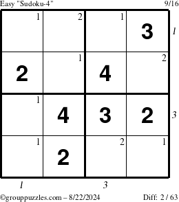 The grouppuzzles.com Easy Sudoku-4 puzzle for Thursday August 22, 2024 with all 2 steps marked