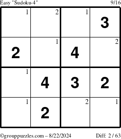 The grouppuzzles.com Easy Sudoku-4 puzzle for Thursday August 22, 2024 with the first 2 steps marked