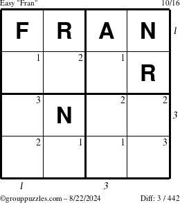 The grouppuzzles.com Easy Fran puzzle for Thursday August 22, 2024 with all 3 steps marked