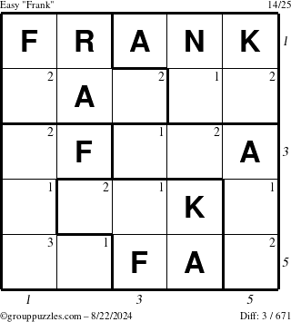 The grouppuzzles.com Easy Frank puzzle for Thursday August 22, 2024 with all 3 steps marked