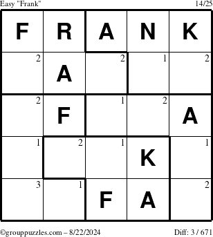 The grouppuzzles.com Easy Frank puzzle for Thursday August 22, 2024 with the first 3 steps marked