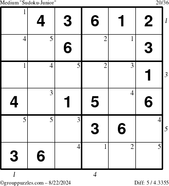 The grouppuzzles.com Medium Sudoku-Junior puzzle for Thursday August 22, 2024, suitable for printing, with all 5 steps marked