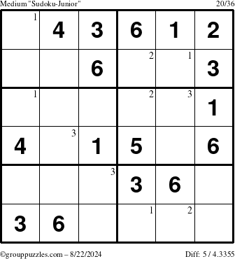 The grouppuzzles.com Medium Sudoku-Junior puzzle for Thursday August 22, 2024 with the first 3 steps marked