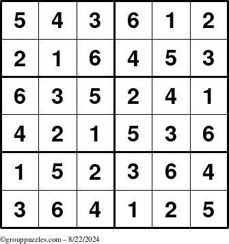 The grouppuzzles.com Answer grid for the Sudoku-Junior puzzle for Thursday August 22, 2024