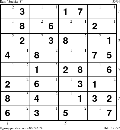 The grouppuzzles.com Easy Sudoku-8 puzzle for Thursday August 22, 2024 with all 3 steps marked