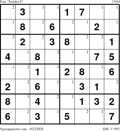 The grouppuzzles.com Easy Sudoku-8 puzzle for Thursday August 22, 2024 with the first 3 steps marked