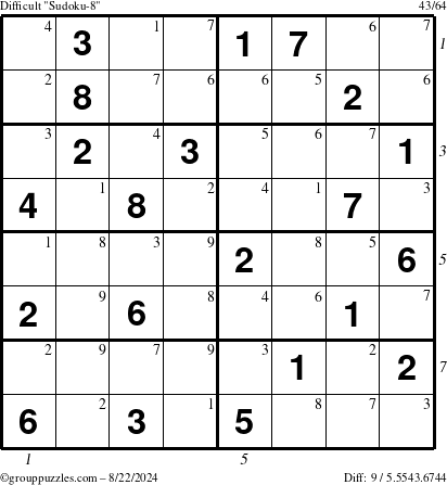 The grouppuzzles.com Difficult Sudoku-8 puzzle for Thursday August 22, 2024 with all 9 steps marked