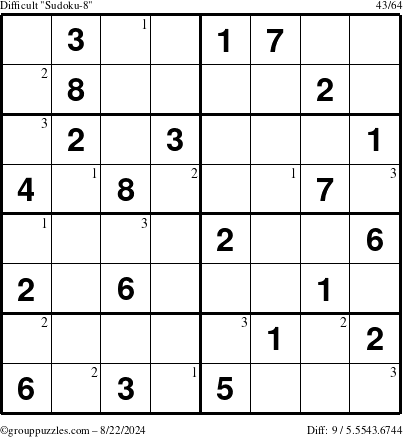 The grouppuzzles.com Difficult Sudoku-8 puzzle for Thursday August 22, 2024 with the first 3 steps marked