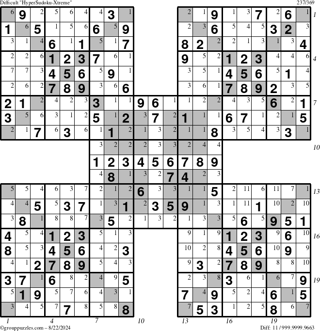 The grouppuzzles.com Difficult cover-HyperXtreme puzzle for Thursday August 22, 2024 with all 11 steps marked