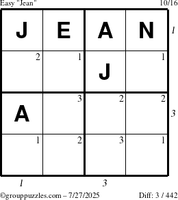 The grouppuzzles.com Easy Jean puzzle for Sunday July 27, 2025 with all 3 steps marked