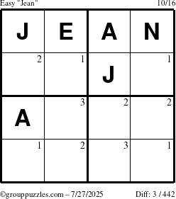 The grouppuzzles.com Easy Jean puzzle for Sunday July 27, 2025 with the first 3 steps marked