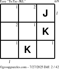 The grouppuzzles.com Easy TicTac-JKL puzzle for Sunday July 27, 2025 with all 2 steps marked