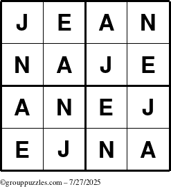 The grouppuzzles.com Answer grid for the Jean puzzle for Sunday July 27, 2025