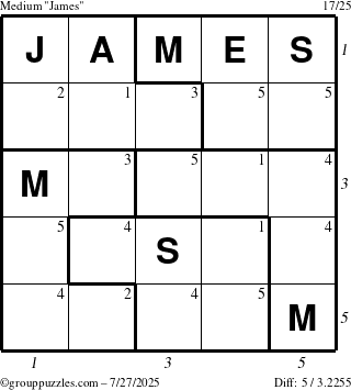 The grouppuzzles.com Medium James puzzle for Sunday July 27, 2025, suitable for printing, with all 5 steps marked