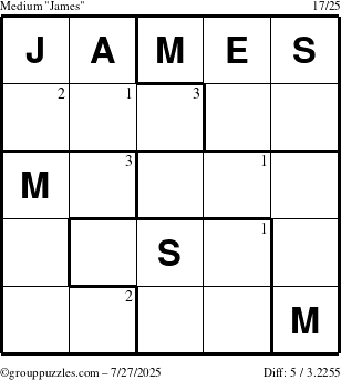 The grouppuzzles.com Medium James puzzle for Sunday July 27, 2025 with the first 3 steps marked