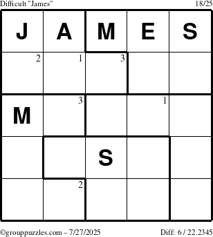 The grouppuzzles.com Difficult James puzzle for Sunday July 27, 2025 with the first 3 steps marked