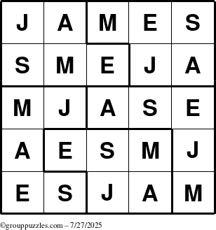 The grouppuzzles.com Answer grid for the James puzzle for Sunday July 27, 2025
