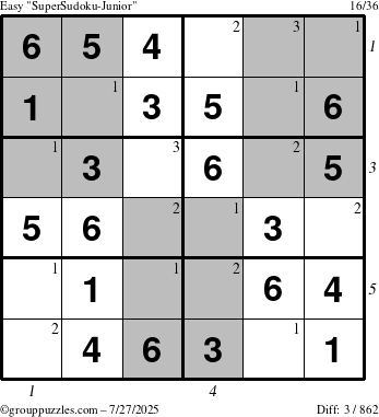 The grouppuzzles.com Easy SuperSudoku-Junior puzzle for Sunday July 27, 2025 with all 3 steps marked