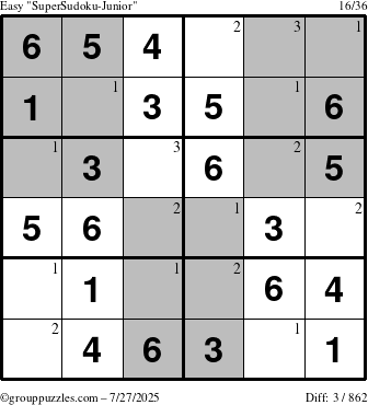 The grouppuzzles.com Easy SuperSudoku-Junior puzzle for Sunday July 27, 2025 with the first 3 steps marked