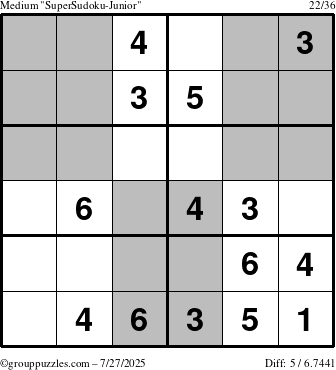 The grouppuzzles.com Medium SuperSudoku-Junior puzzle for Sunday July 27, 2025