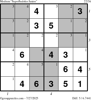 The grouppuzzles.com Medium SuperSudoku-Junior puzzle for Sunday July 27, 2025 with all 5 steps marked