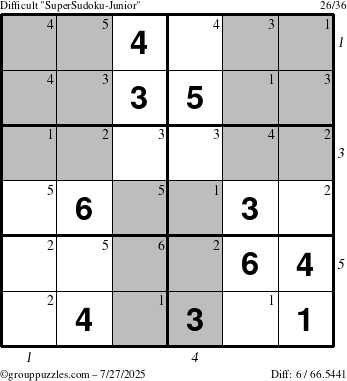 The grouppuzzles.com Difficult SuperSudoku-Junior puzzle for Sunday July 27, 2025 with all 6 steps marked