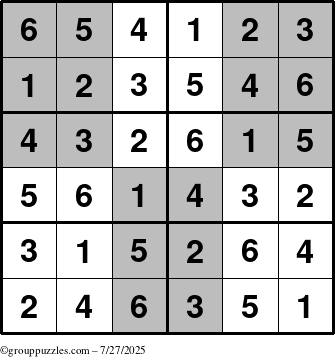 The grouppuzzles.com Answer grid for the SuperSudoku-Junior puzzle for Sunday July 27, 2025