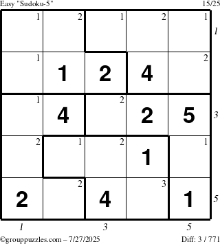 The grouppuzzles.com Easy Sudoku-5 puzzle for Sunday July 27, 2025 with all 3 steps marked