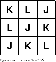 The grouppuzzles.com Answer grid for the TicTac-JKL puzzle for Sunday July 27, 2025
