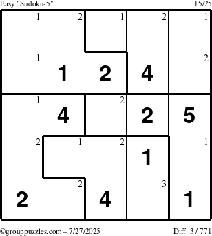 The grouppuzzles.com Easy Sudoku-5 puzzle for Sunday July 27, 2025 with the first 3 steps marked