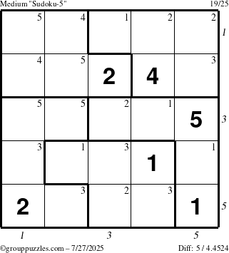 The grouppuzzles.com Medium Sudoku-5 puzzle for Sunday July 27, 2025 with all 5 steps marked