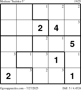 The grouppuzzles.com Medium Sudoku-5 puzzle for Sunday July 27, 2025 with the first 3 steps marked