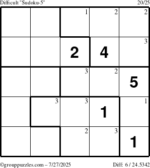 The grouppuzzles.com Difficult Sudoku-5 puzzle for Sunday July 27, 2025 with the first 3 steps marked