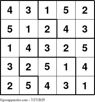 The grouppuzzles.com Answer grid for the Sudoku-5 puzzle for Sunday July 27, 2025
