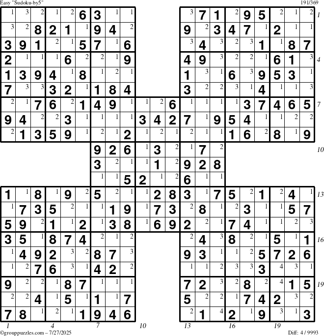 The grouppuzzles.com Easy Sudoku-by5 puzzle for Sunday July 27, 2025 with all 4 steps marked