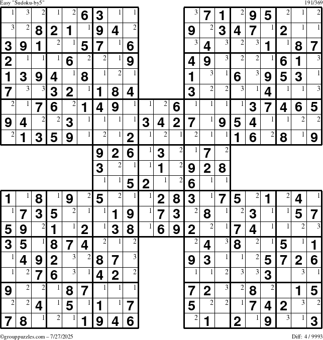 The grouppuzzles.com Easy Sudoku-by5 puzzle for Sunday July 27, 2025 with the first 3 steps marked