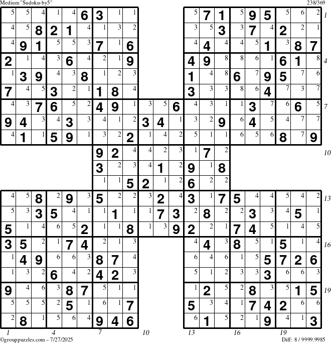The grouppuzzles.com Medium Sudoku-by5 puzzle for Sunday July 27, 2025 with all 8 steps marked