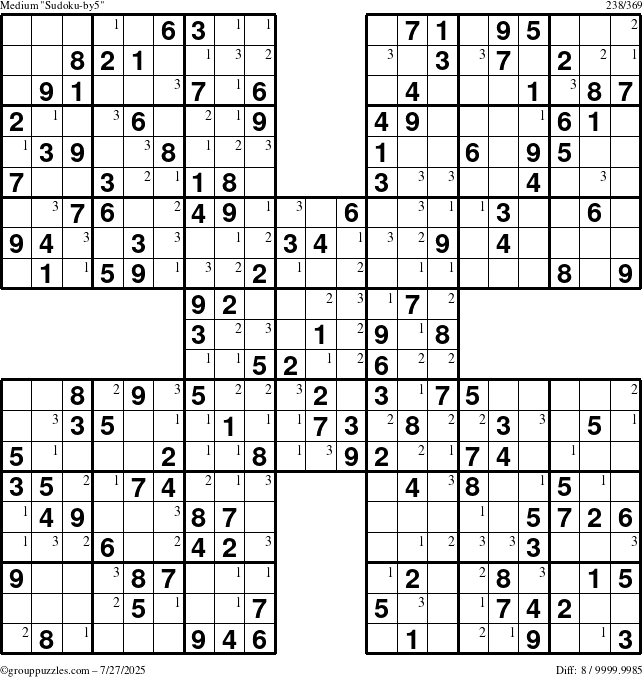 The grouppuzzles.com Medium Sudoku-by5 puzzle for Sunday July 27, 2025 with the first 3 steps marked