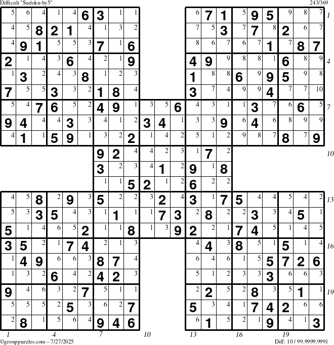The grouppuzzles.com Difficult Sudoku-by5 puzzle for Sunday July 27, 2025 with all 10 steps marked