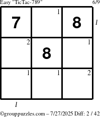 The grouppuzzles.com Easy TicTac-789 puzzle for Sunday July 27, 2025 with all 2 steps marked
