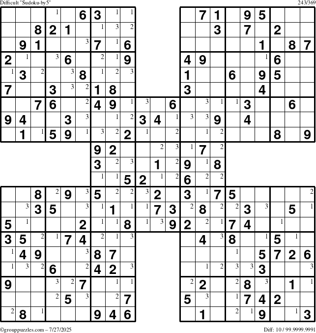 The grouppuzzles.com Difficult Sudoku-by5 puzzle for Sunday July 27, 2025 with the first 3 steps marked
