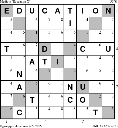 The grouppuzzles.com Medium Education-X puzzle for Sunday July 27, 2025 with all 8 steps marked