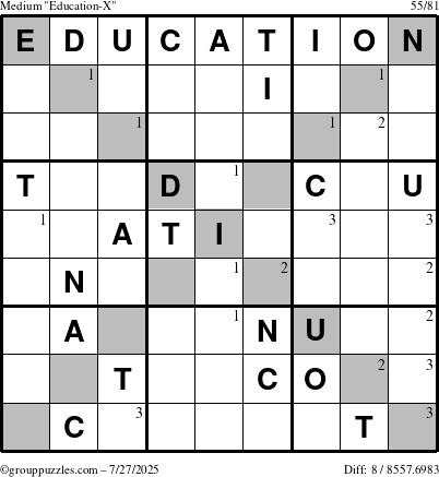 The grouppuzzles.com Medium Education-X puzzle for Sunday July 27, 2025 with the first 3 steps marked