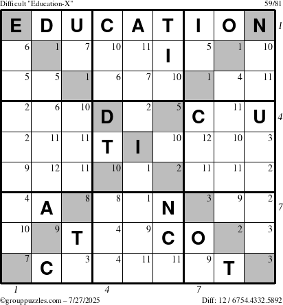 The grouppuzzles.com Difficult Education-X puzzle for Sunday July 27, 2025 with all 12 steps marked