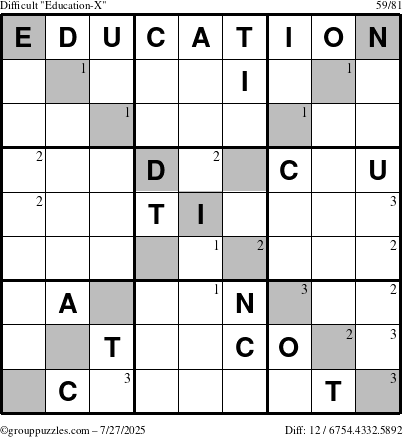 The grouppuzzles.com Difficult Education-X puzzle for Sunday July 27, 2025 with the first 3 steps marked