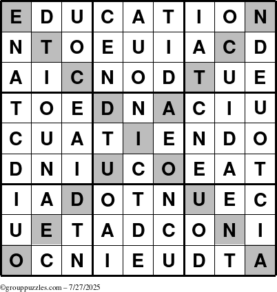 The grouppuzzles.com Answer grid for the Education-X puzzle for Sunday July 27, 2025